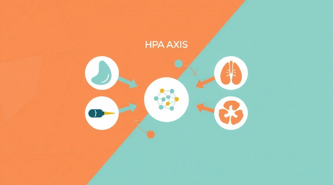 A stylized infographic illustrating the HPA axis (Hypothalamic-Pituitary-Adrenal) with arrows showing the feedback loop and how adaptogens interact to balance the stress response. Clean, modern design with subtle colors. No text or letters.