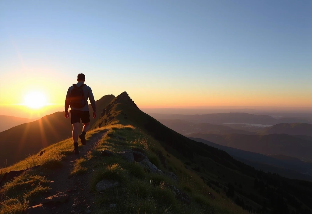 A dynamic and aspirational image of a man hiking on a mountain trail at sunrise, with a clear blue sky and lush green landscape. His silhouette is strong and active, symbolizing health, adventure, and the achievement of personal goals. No text or logos.