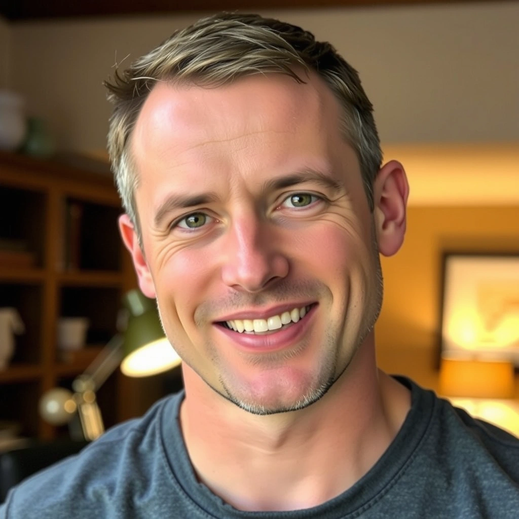 Portrait of a smiling man in his late 30s, exuding health and vitality. He has short, neat hair and a confident expression. The background is a slightly blurred, warm-toned indoor setting, perhaps a home or office. No text or glasses.