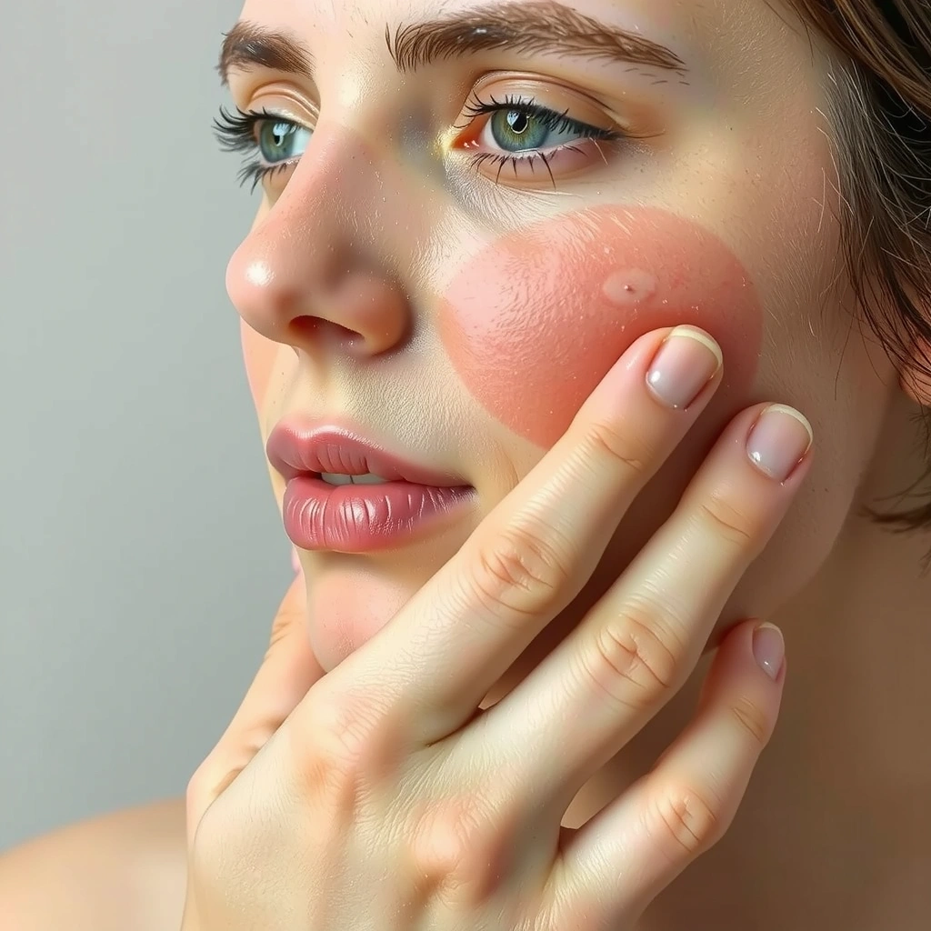 A soothing, calm hand gently caressing a face, representing relief from irritation and redness, with a warm, comforting light.