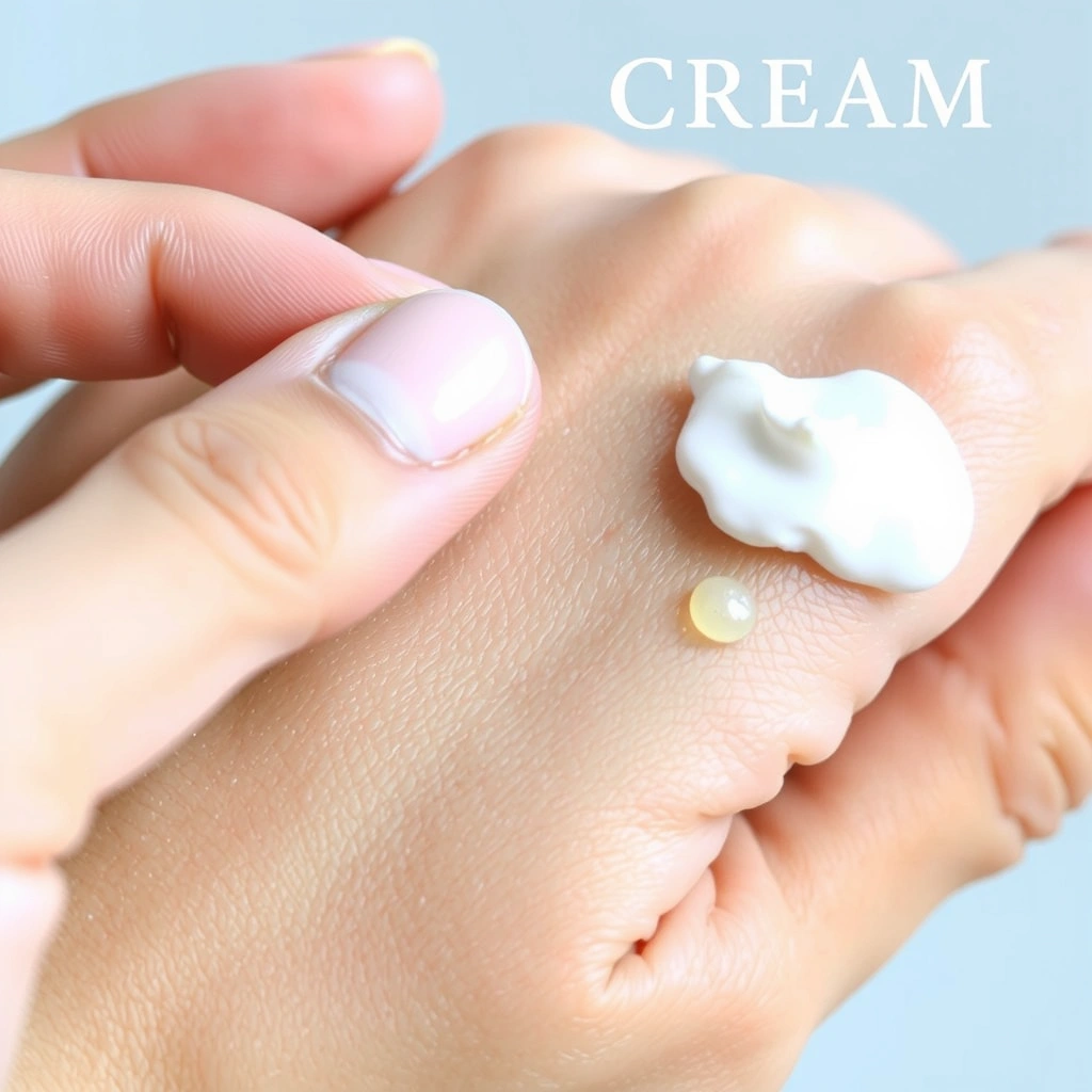 A hand gently applying a small amount of cream to a section of skin, showing the cream being absorbed and leaving a smooth, non-greasy finish.