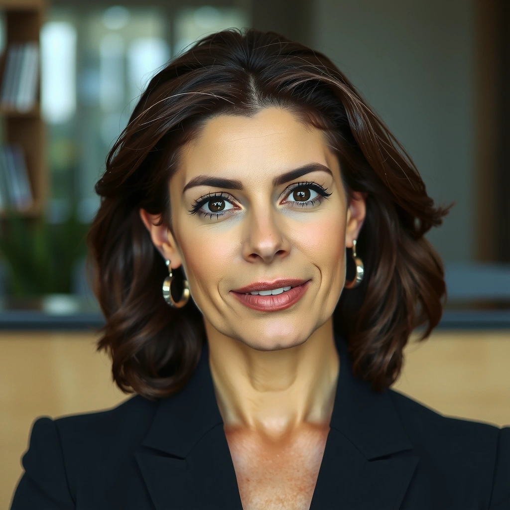 Portrait of a confident woman in her 40s with smooth, vibrant skin, professional setting.